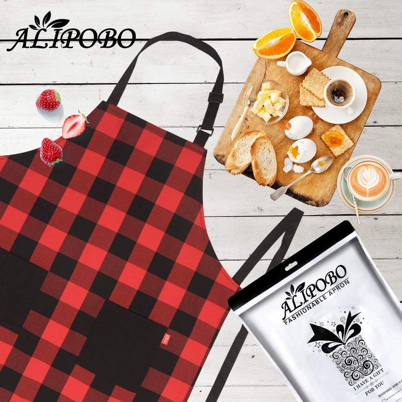 ALIPOBO Chef Bib Apron for Men Women, Christmas Gift, Kitchen Cooking Apron with 2 Pockets, 40" Long Ties and Adjustable Neck Strap - 32" x 28" - Red/Black - Image 5